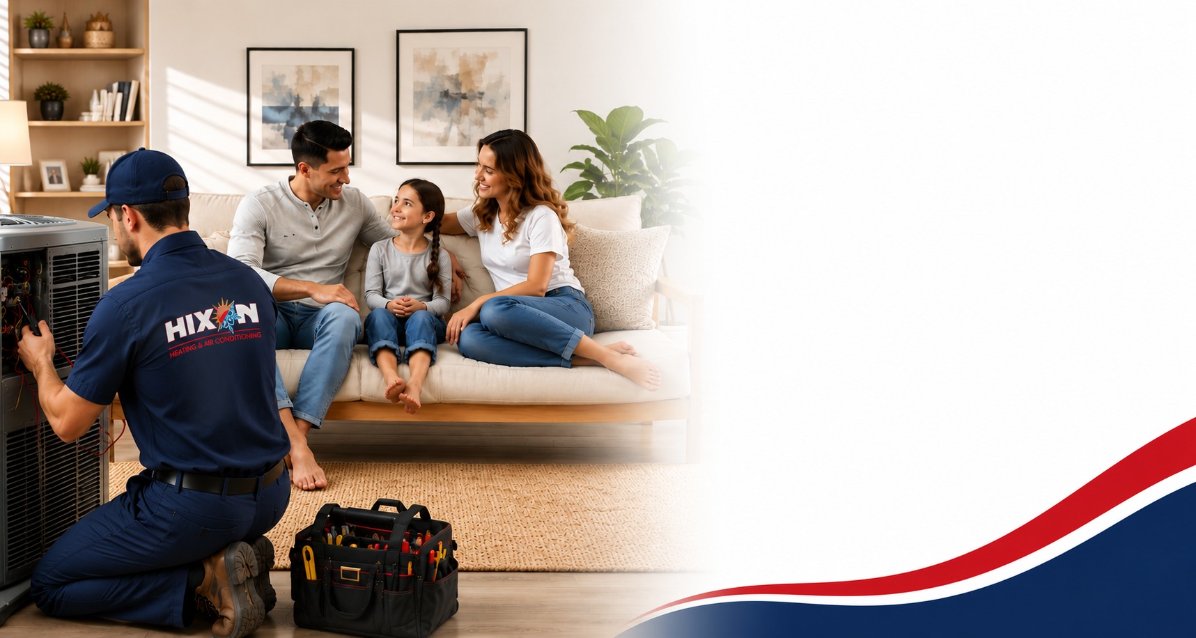 Hixon Heating & Air Conditioning technician servicing a residential AC unit while a happy Braselton, GA family relaxes at home